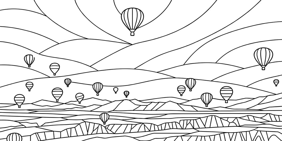 Coloring page of hot-air balloons over a valley