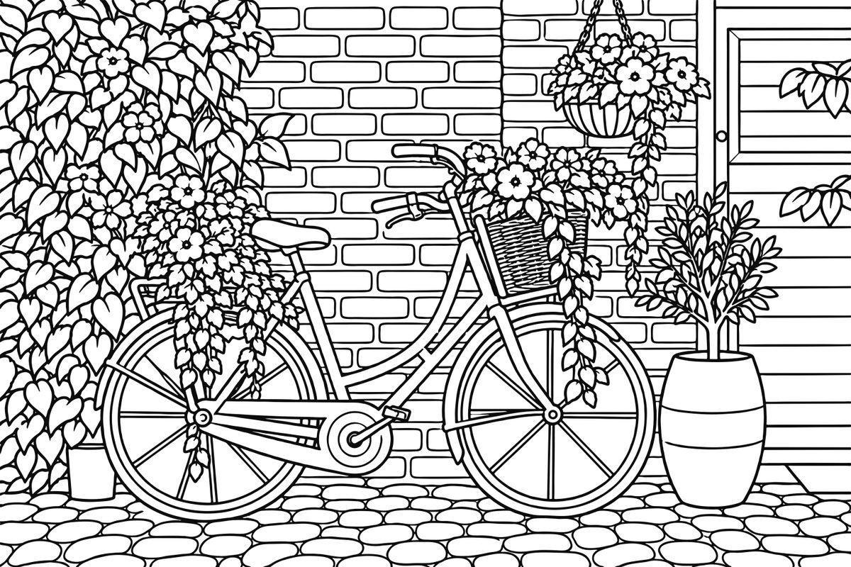 Coloring page of a bicycle leaning on a flowering wall