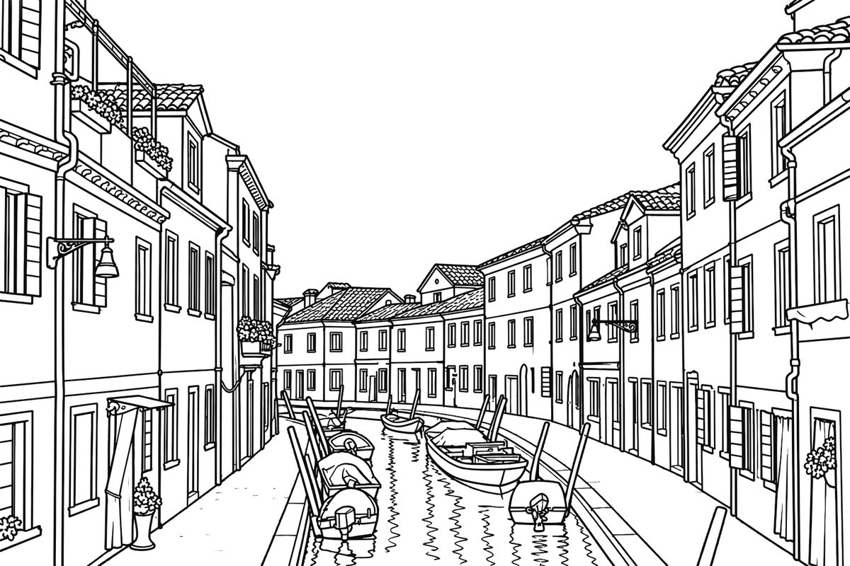 Coloring page of the colorful canal houses of Burano