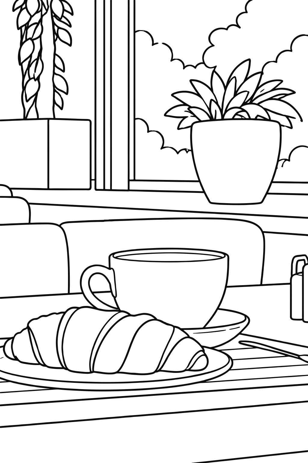 Coloring page of a coffee and a croissant
