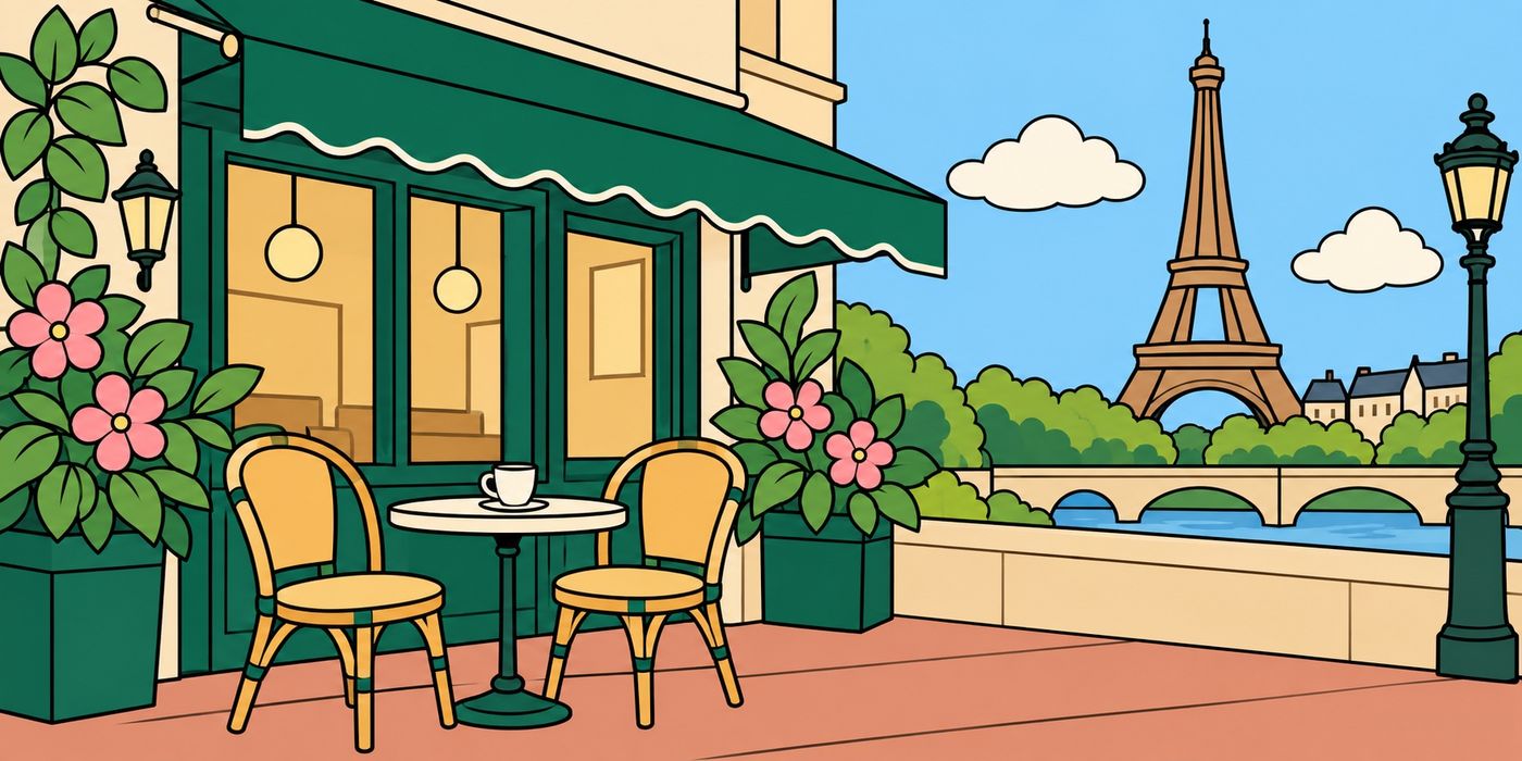 A colored-in coloring page of a Paris caf&eacute; with the Eiffel Tower behind it