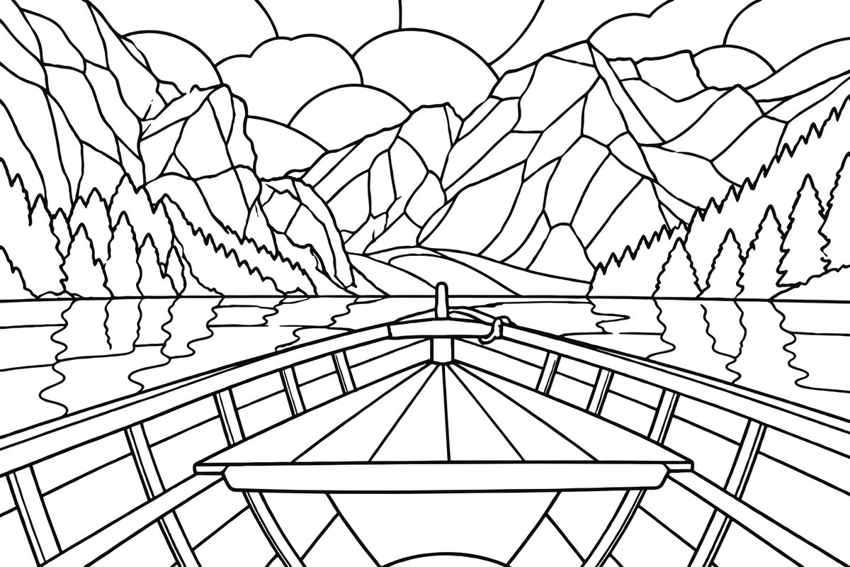 Coloring page of a wooden boat on an alpine lake