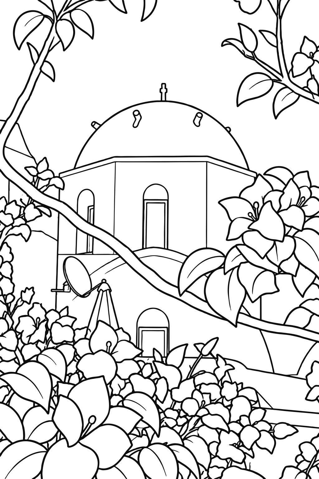 Coloring page of a blue-domed church in Santorini