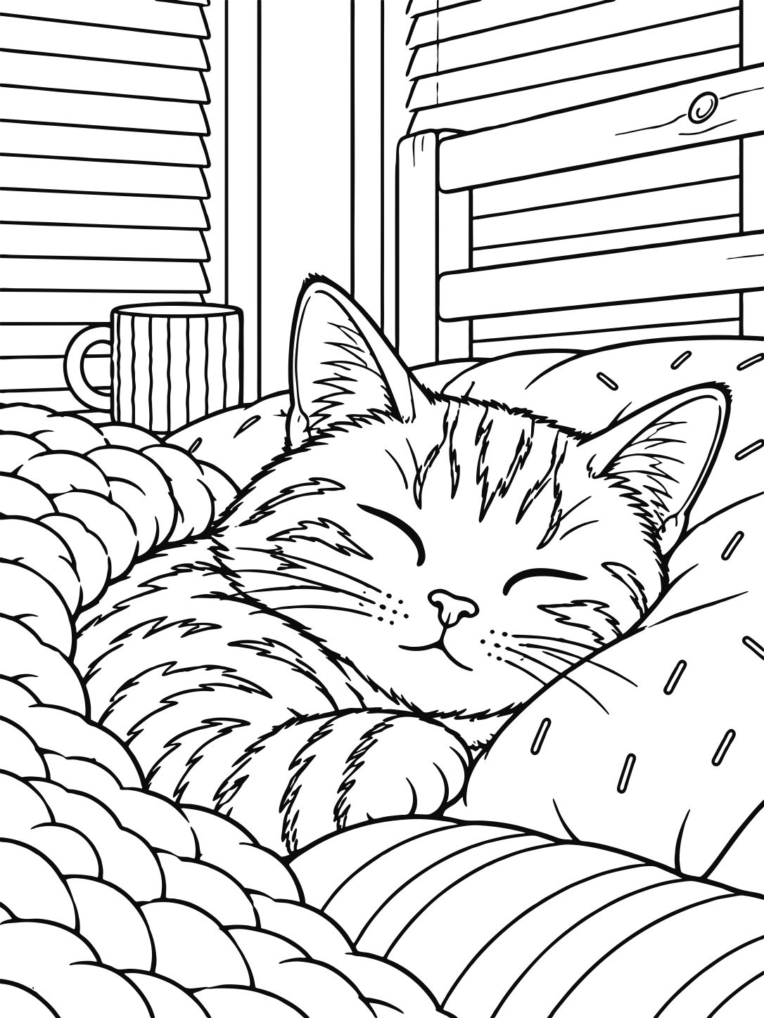 Coloring page of a cat asleep on a blanket