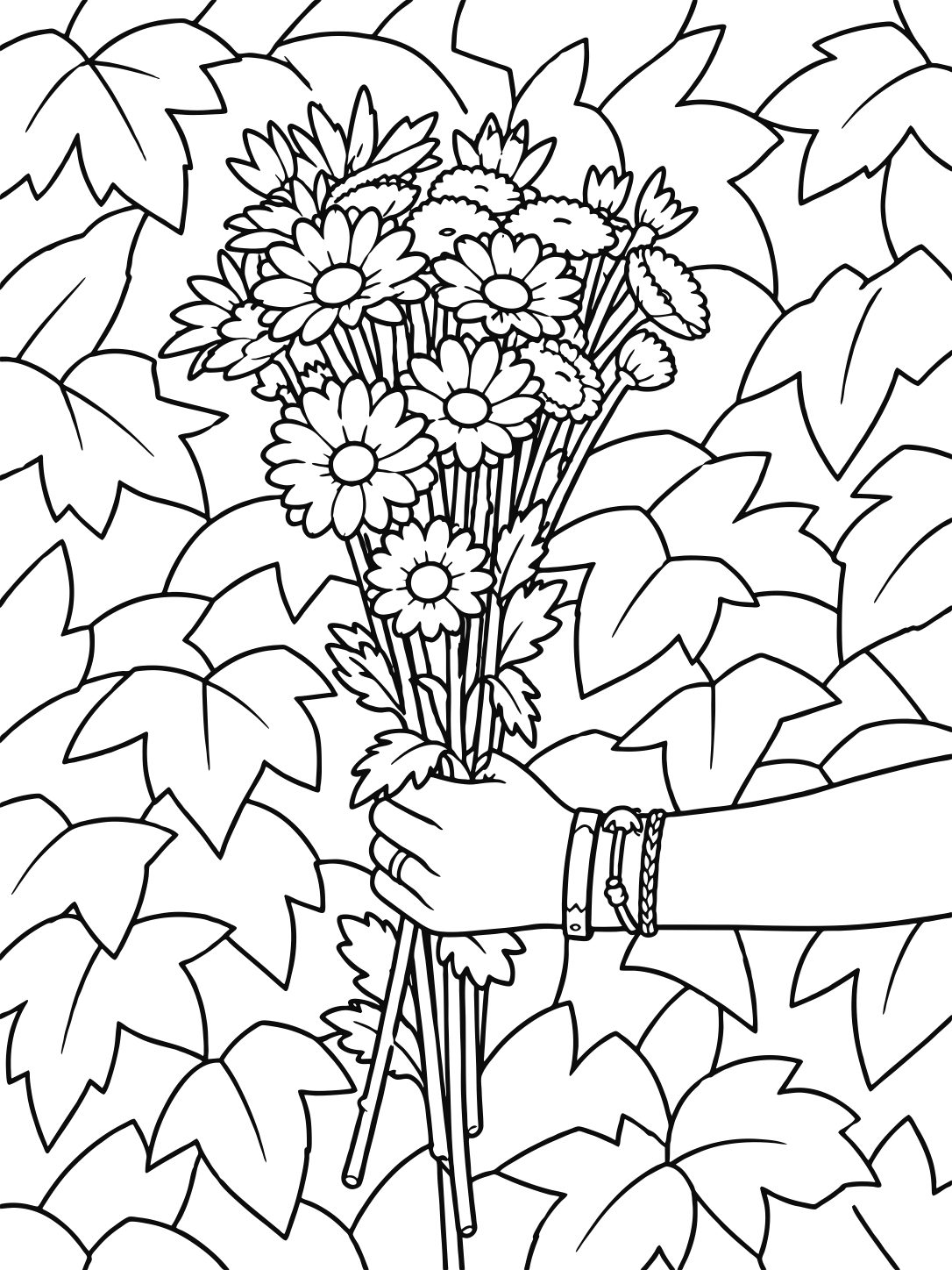 Coloring page of a hand holding sunflowers